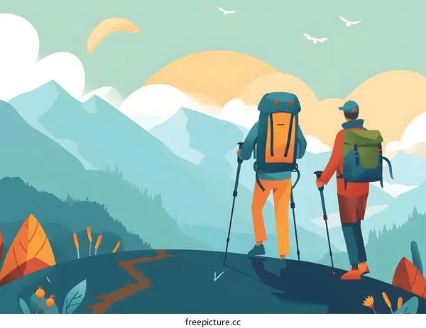 Two Hikers Admire Mountain View During Summer