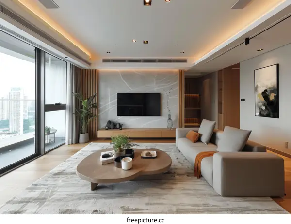 Modern and minimalist living room design with large windows and a marble TV wall