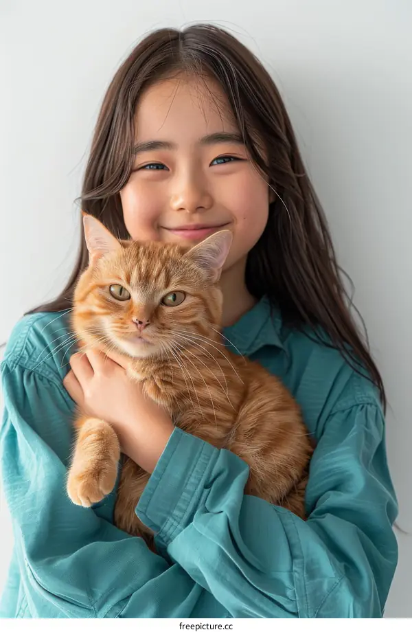 Asian girl hugging an orange cat