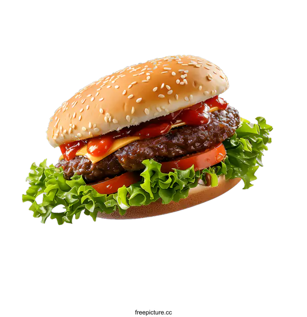 [Transparent Background PNG]A delicious cheeseburger with lettuce, tomato, and ketchup.
