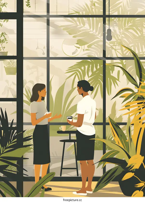 Two People Talking in a Green House with Plants