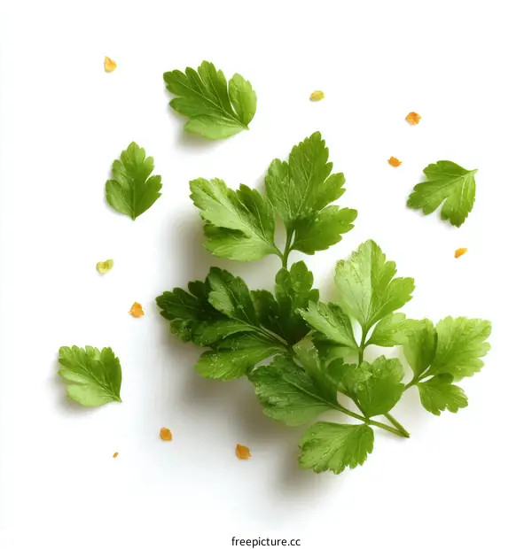 Fresh Green Parsley Leaves with Small Orange Spices on White Background