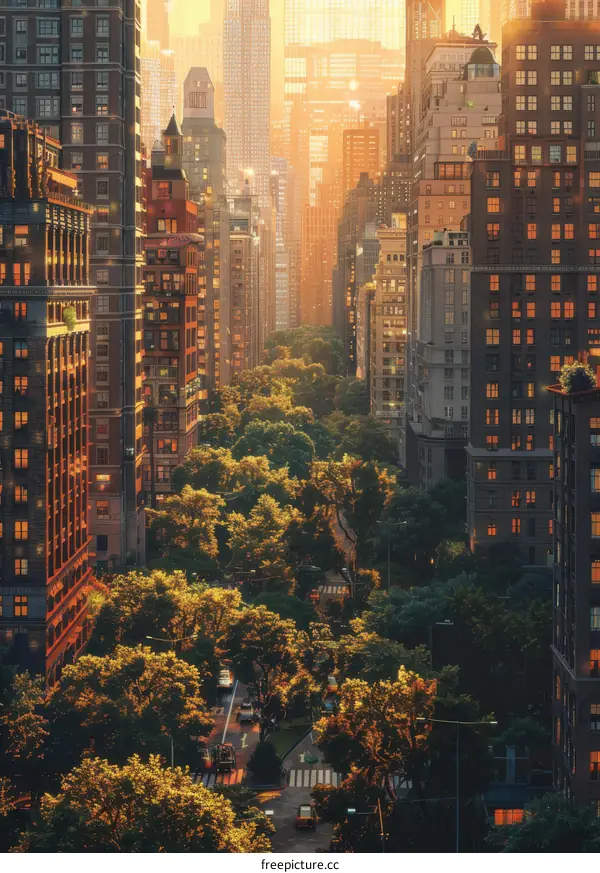 City street with autumn trees at sunset