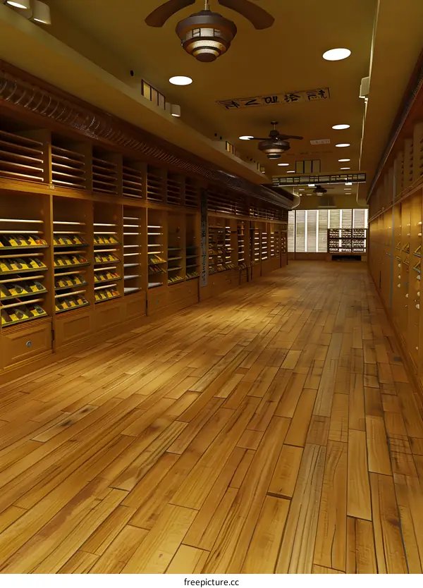 Interior Design of a Wooden Store with Shelving Units