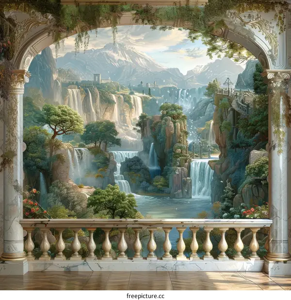 Fantasy Landscape with Majestic Waterfalls and Towering Mountains