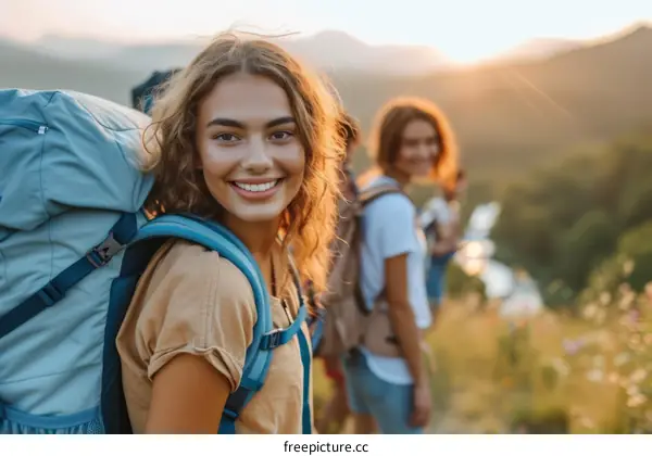Young woman hiking in the mountains with her friends
