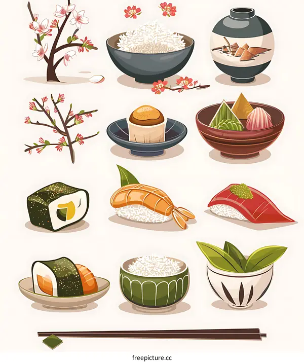 Japanese Food Illustration with Rice, Sushi, and Cherry Blossoms