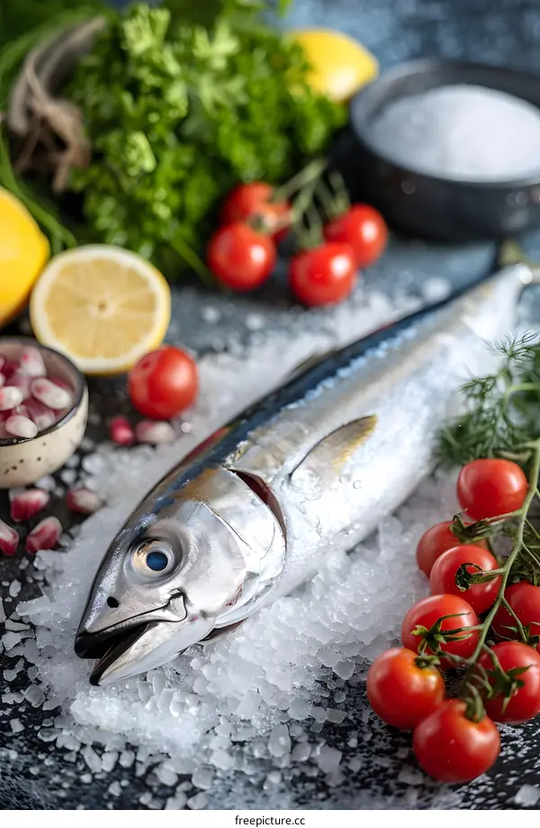 Fresh Tuna Fish on Ice with Herbs and Vegetables