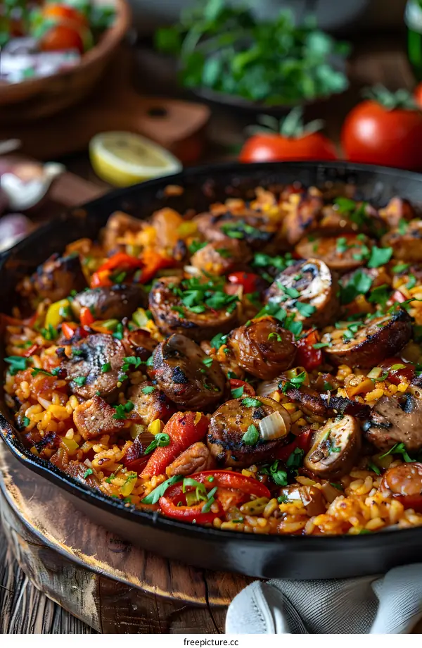 A delicious and healthy paella with chicken, vegetables and mushrooms