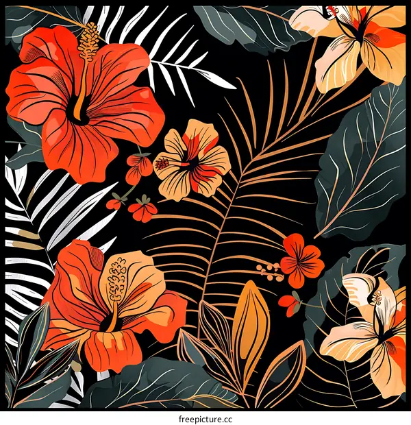 Tropical Flowers Pattern with Black Background