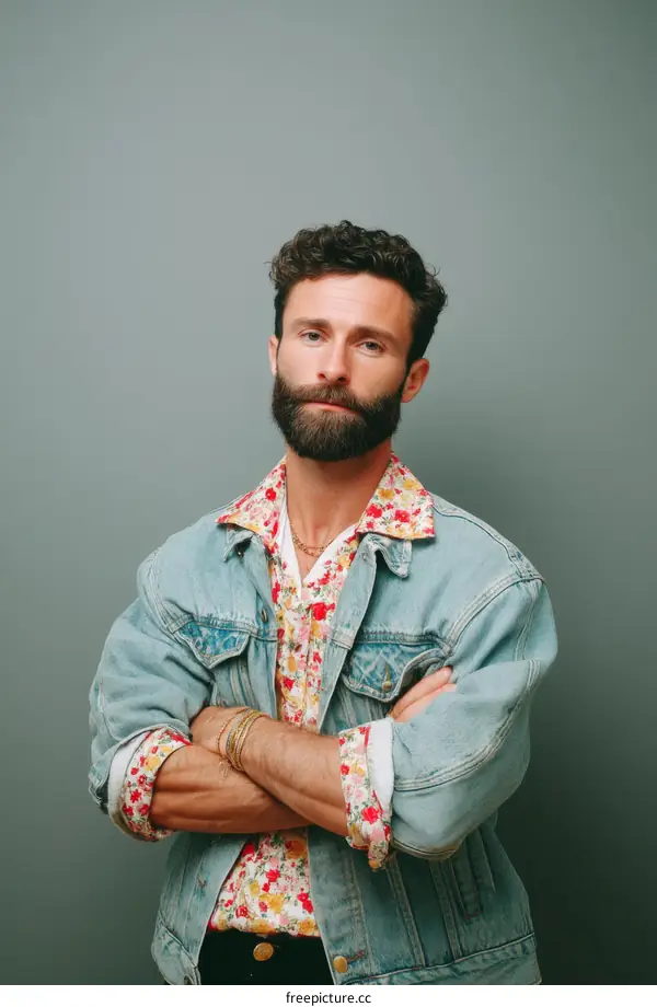 Stylish Man in Floral Shirt and Denim Jacket