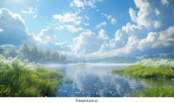 Misty Lake Sunrise with Mountain Reflections