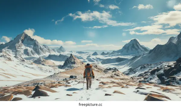 A lone hiker traverses a snowy mountain landscape