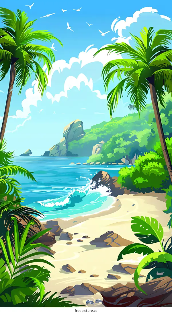 Tropical Beach Landscape Illustration with Palm Trees and Ocean Waves