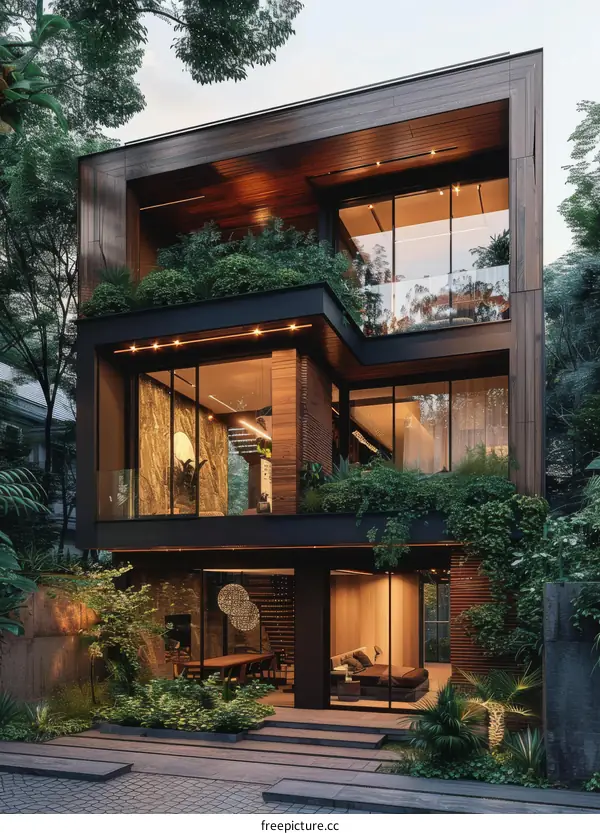 A modern two-story house with a green roof and large windows