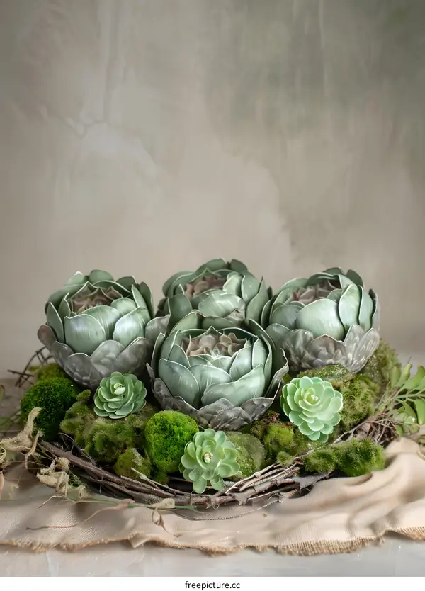 Succulent Green Plants in a Rustic Wreath Arrangement