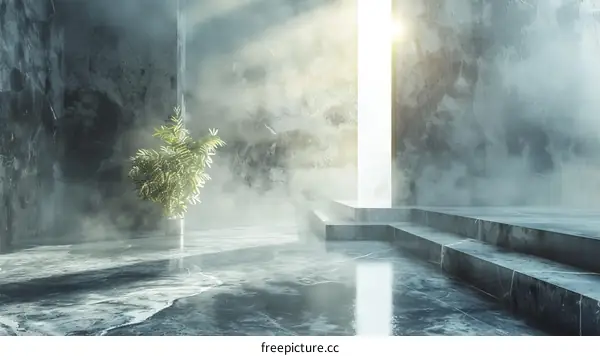 Futuristic Room with Stairs and Plant