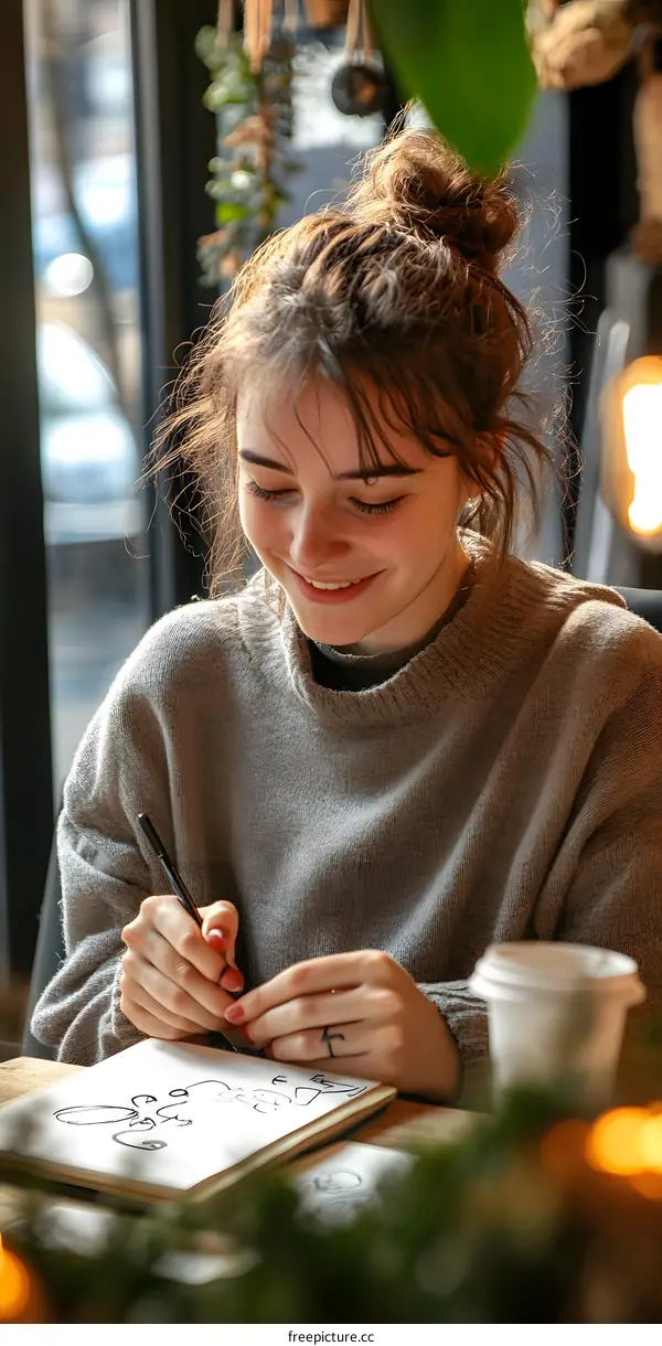 Smiling Woman Drawing in a Notebook