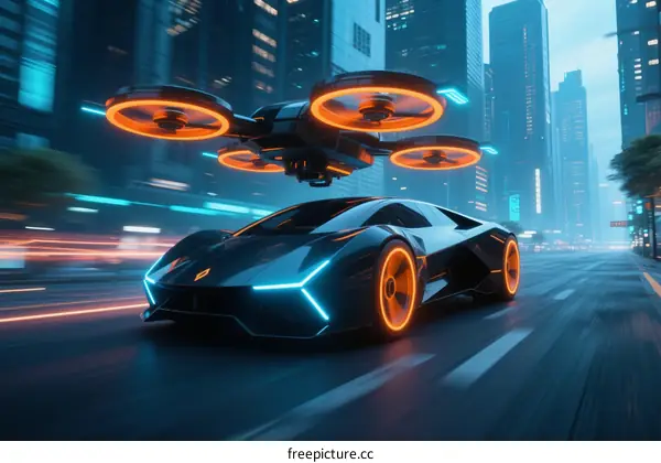 Futuristic Flying Car and Sports Car in Urban Night Scene