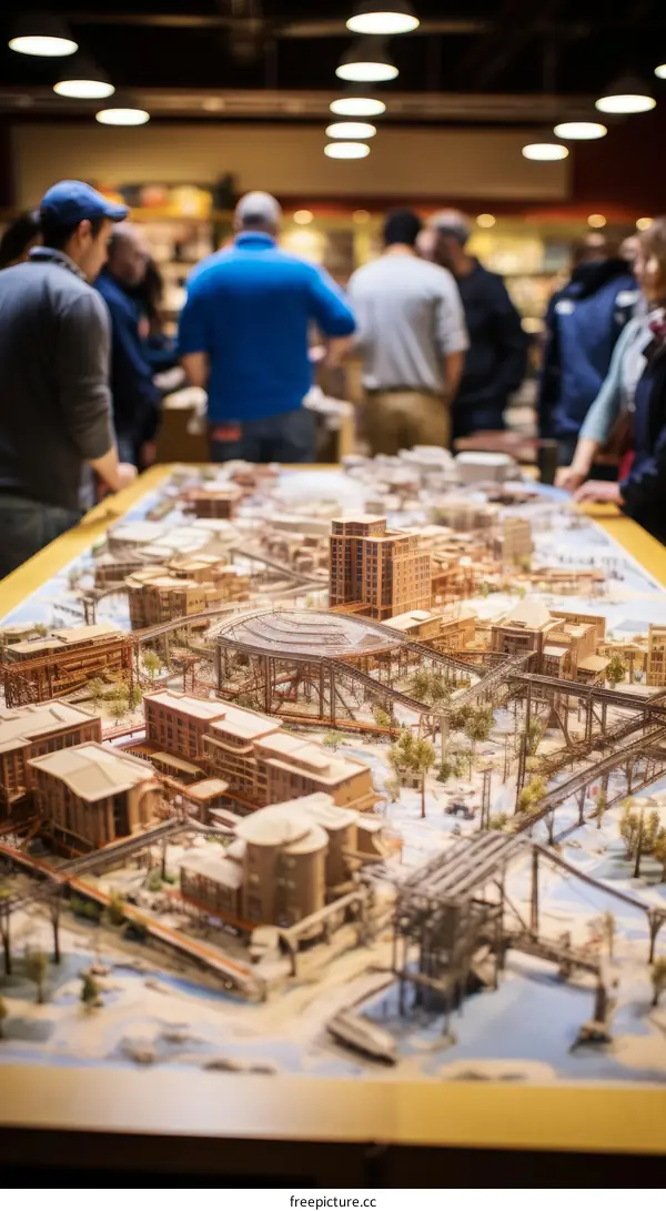 People gathered around a model city