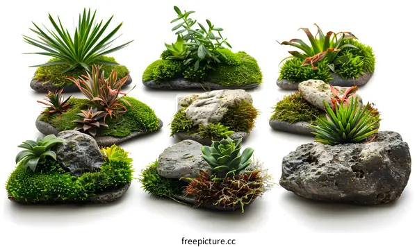 Nine Green Succulents on Rocks