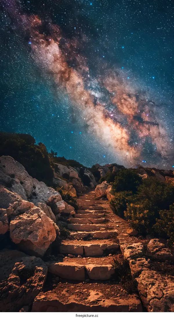 Rocky path under the amazing starry night sky