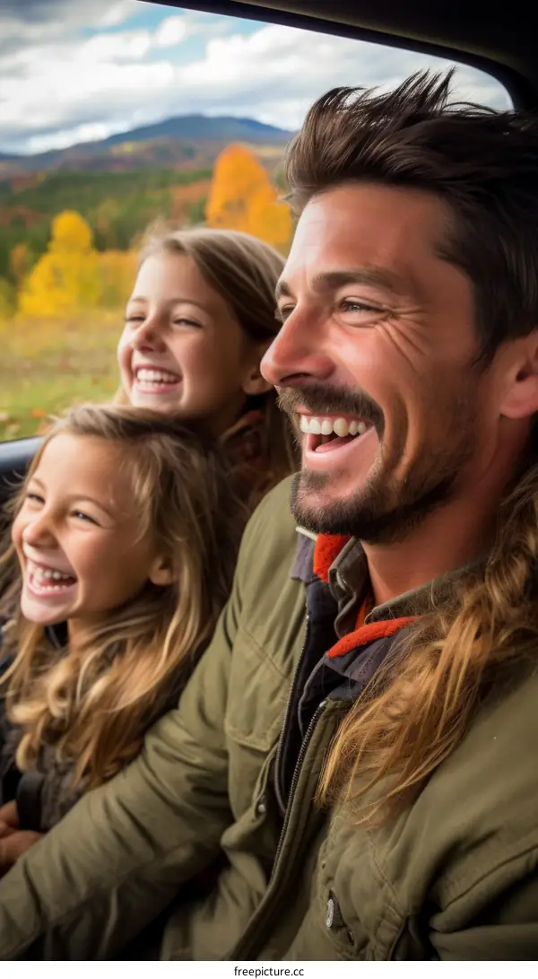 Happy family traveling by car and enjoying the view of the mountains