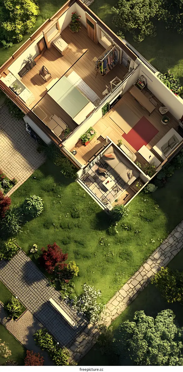 Top View Illustration of a Modern House with Garden