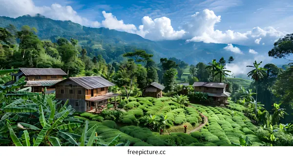 Green Tea Plantation in Mountains with Houses