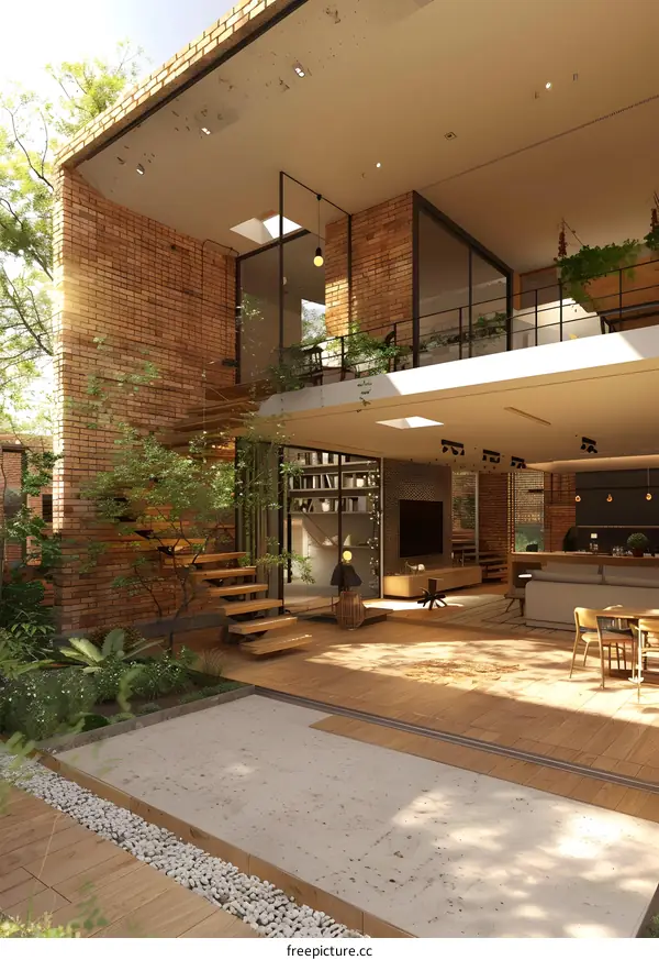 Courtyard house with brick elements and large glass windows