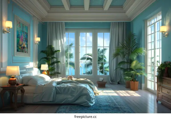 A Tranquil Light-Filled Blue Bedroom Interior