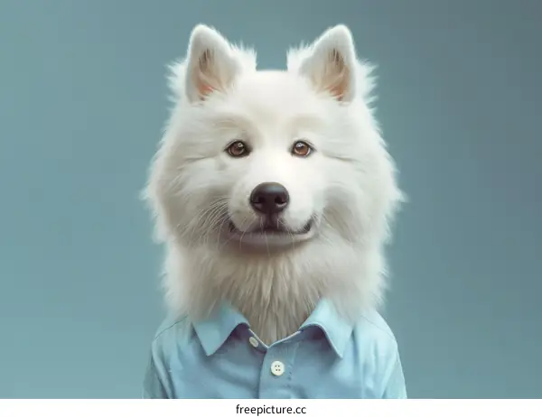 A white fluffy dog wearing a blue shirt