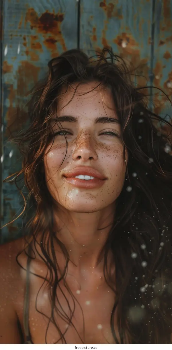 Woman with Freckles and Wet Hair by Wooden Wall