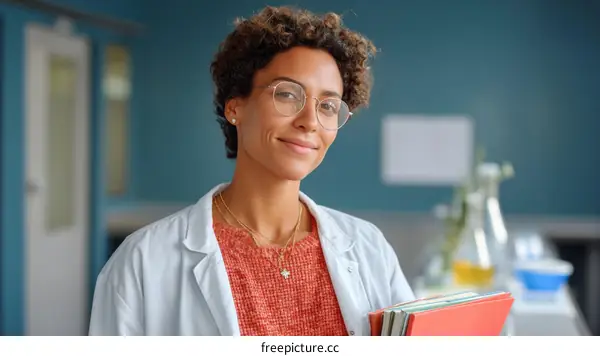 Smiling Black Woman Scientist Holding Books in Lab