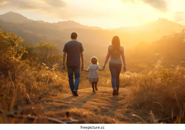 Family of three walking into the sunset