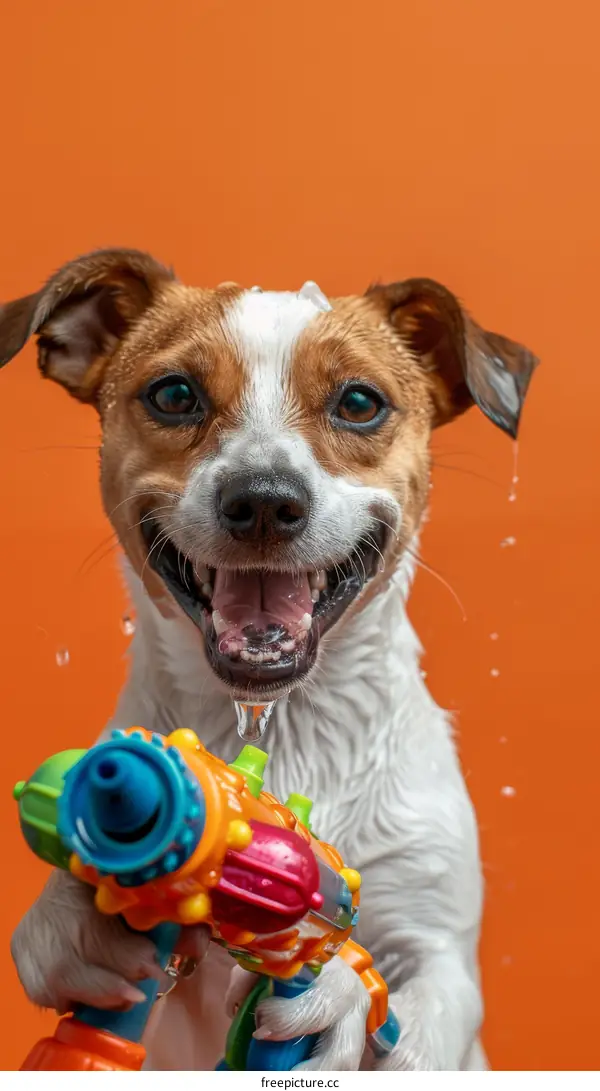 A wet dog is holding a water gun and spraying water at the camera