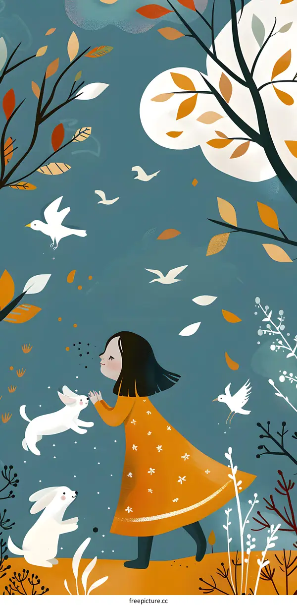 Girl with Bunnies in Autumn Forest Illustration