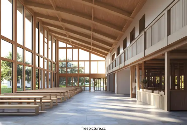 Modern Wooden Interior Design with Large Windows and Benches