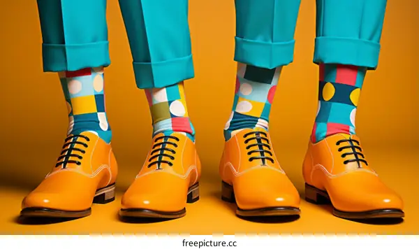 Three people wearing colorful socks and yellow shoes