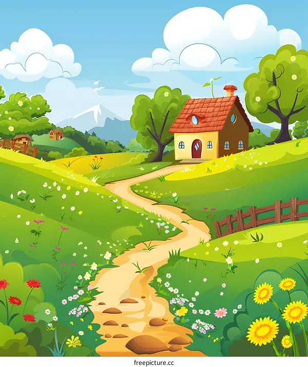Cartoon Landscape with a House and Winding Path