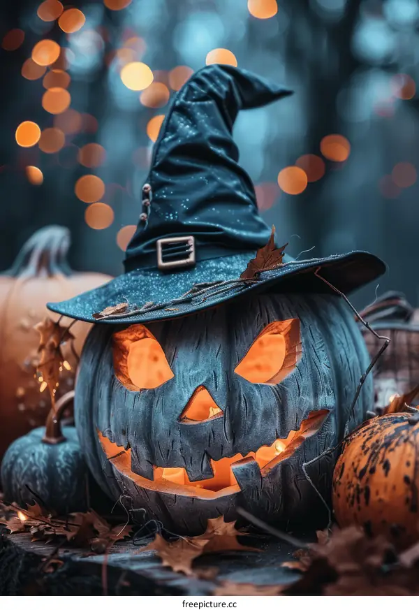 Spooky Pumpkin with Witch Hat in a Dark Autumn Forest