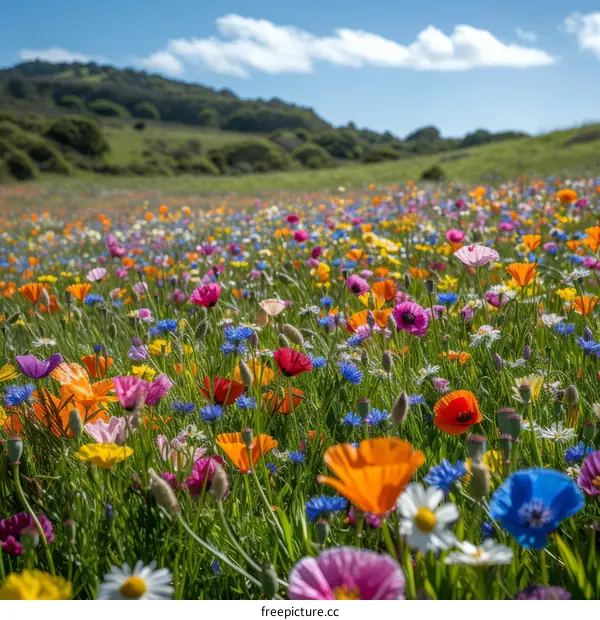 Field of colorful wildflowers with green hills in the distance