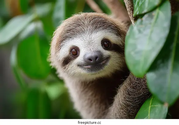 Adorable Baby Sloth in Lush Green Foliage