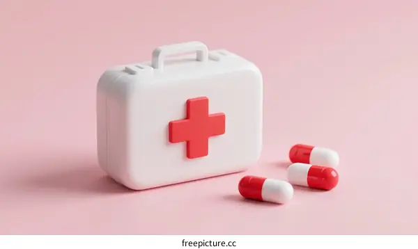 First Aid Kit and Pills on Pink Background