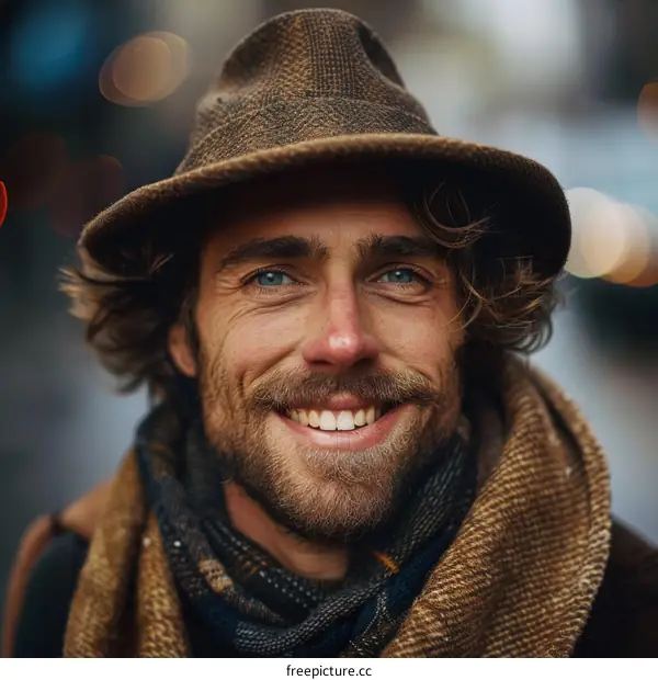 Close Up Portrait of a Smiling Man with a Hat