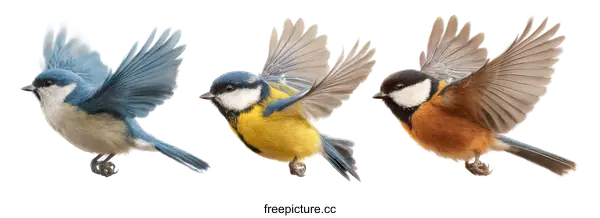 [Transparent Background PNG]Three Colorful Birds in Flight against a White Background
