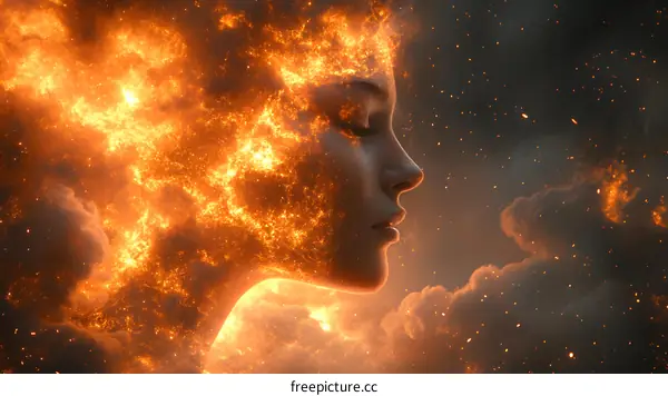 Fiery Woman  Illustration in Side View With Closed Eyes