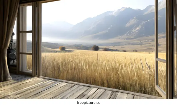 Open Wooden Window View of Mountain Landscape
