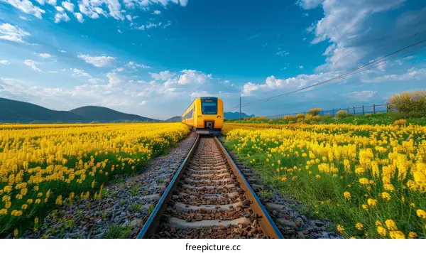 A yellow train passing through a field of yellow flowers