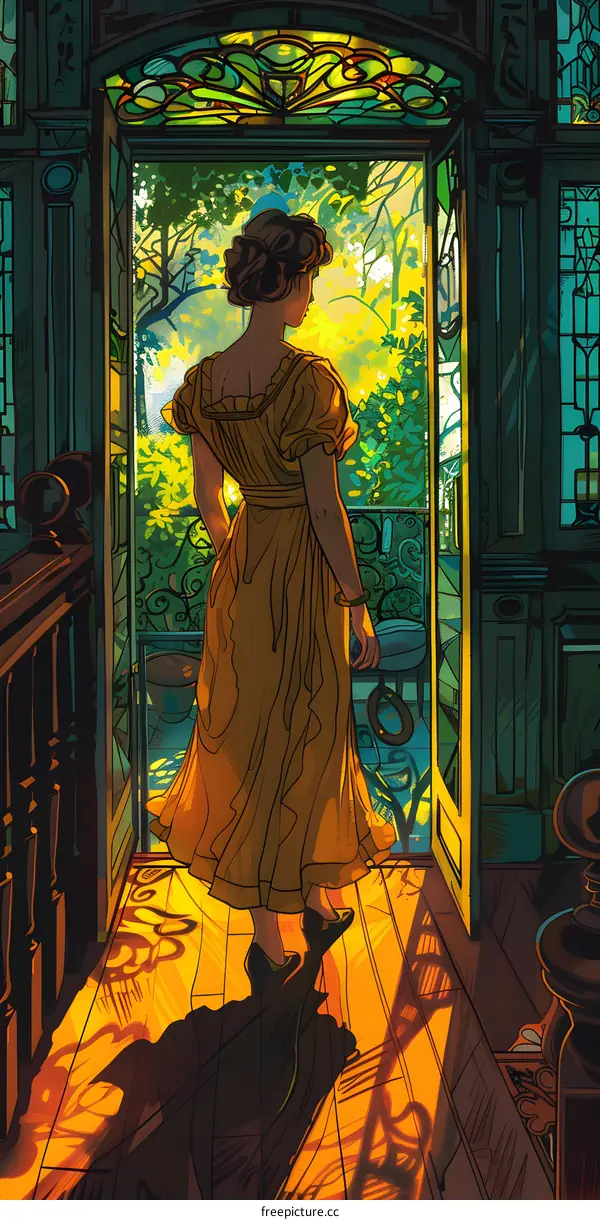 woman in yellow dress looking out the door